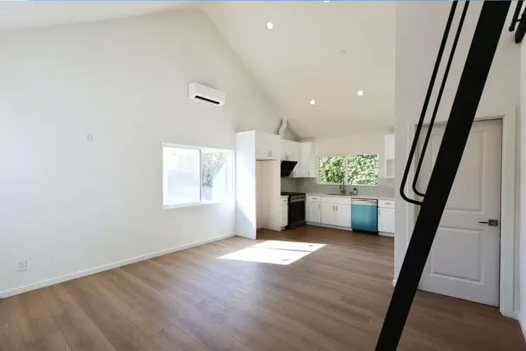 Finished Pasadena ADU great room with vaulted ceiling