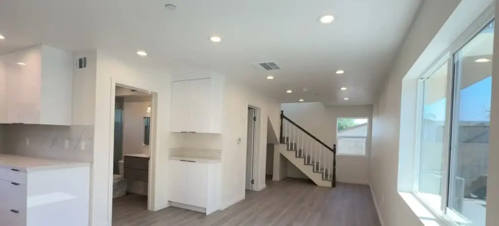Open-plan living area and stair in the Rosemead ADU
